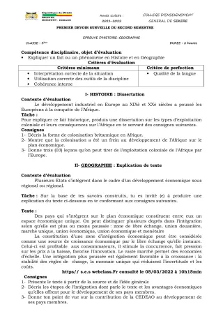 Première page de Histoire-Géographie 3e — 1er devoir surveillé, 2e semestre (2021-2022) · CEG SEKERE