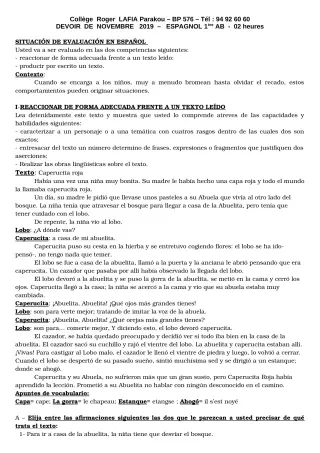 Première page de Espagnol 1ère A1, 1ère A2, 1ère B — Devoir surveillé (2019-2020) · CPEG Roger LAFIA