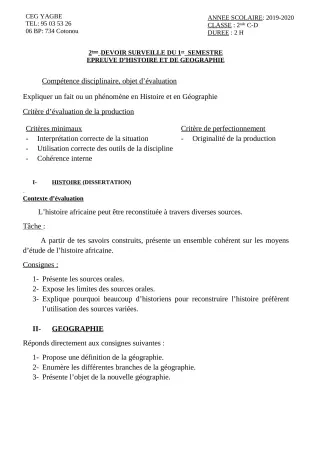 Première page de Histoire-Géographie 2nde C, 2nde D — 2e devoir surveillé, 1er semestre (2019-2020) · CEG Yagbe