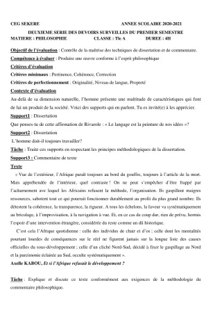 Première page de Philosophie Tle A2 — 2e devoir surveillé, 1er semestre (2020-2021) · CEG SEKERE