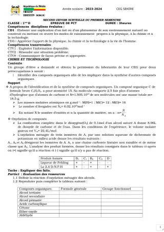 Première page de PCT 1ère D — 2e devoir surveillé, 1er semestre (2023-2024) · CEG SEKERE