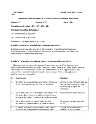 Première page de SVT 3e, 3e ML — 2e production scolaire, 1er semestre (2019-2020) · CEG COUSSI