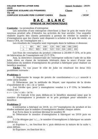 Première page de Devoir surveillé de MATHS GENE — 6e, 5e, 4e, 4e ML, 3e, 3e ML, 2nde A, 2nde B, 2nde D, 1ère A, 1ère B, 1ère C, 1ère D, Tle A, Tle B, Tle C, Tle D — CPEG Martin Luther King Cotonou (2019)
