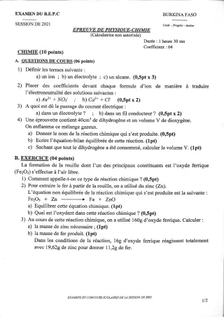 Première page de BEPC 2025 épreuve de physique chimie probable burkina fasso