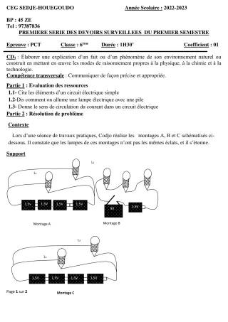 Première page de PCT 6e — 1er devoir surveillé, 1er semestre (2022-2023) · CEG Sèdjè-Houègoudo