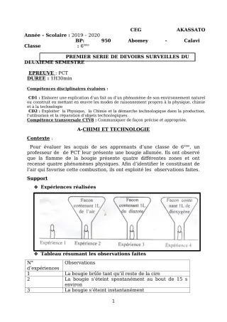 Première page de PCT 6e — 1er devoir surveillé, 2e semestre (2019-2020) · CEG Akassato