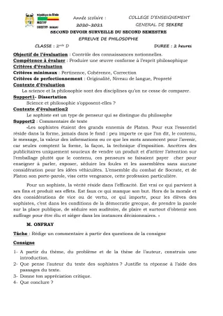 Première page de Philosophie 2nde D — 2e devoir surveillé, 2e semestre (2020-2021) · CEG SEKERE