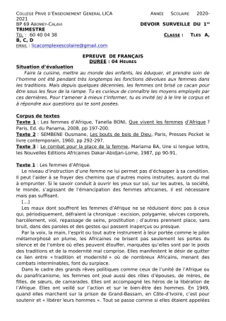 Première page de Français Tle A2, Tle B, Tle C, Tle D — Devoir surveillé, 1er trimestre (2020-2021) · CPEG LICA