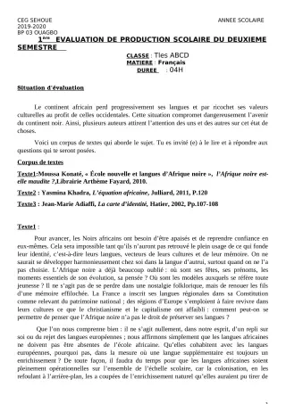 Première page de Français Tle A2, Tle B, Tle C, Tle D — 1re production scolaire, 2e semestre (2019-2020) · CEG SEHOUE