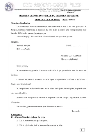 Première page de Français 6e — 1er devoir surveillé, 1er semestre (2019-2020) · CEG ADJOVICODJI 'LES OLIVIERS'