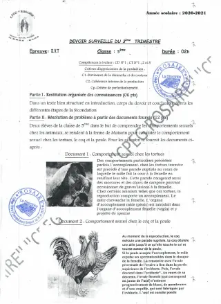 Première page de SVT 5e — Devoir surveillé, 1er trimestre (2020-2021) · CPEG ROSAIRE