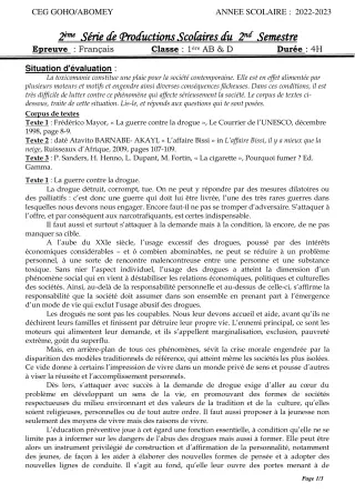 Première page de Français 1ère A & B — 2e production scolaire, 2e semestre (2022-2023) · CEG GOHO