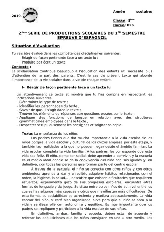 Première page de Espagnol 4e ML, 3e ML — 2e production scolaire, 1er semestre (2019-2020) · CEG II EKPE