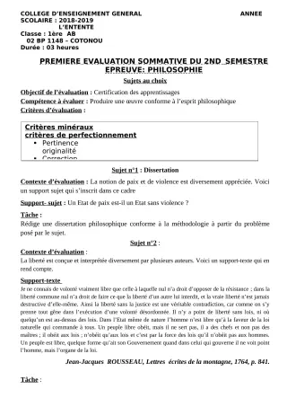Première page de Philosophie 1ère A2, 1ère B — 1re évaluation sommative, 2e semestre (2018-2019) · CEG L'Entente