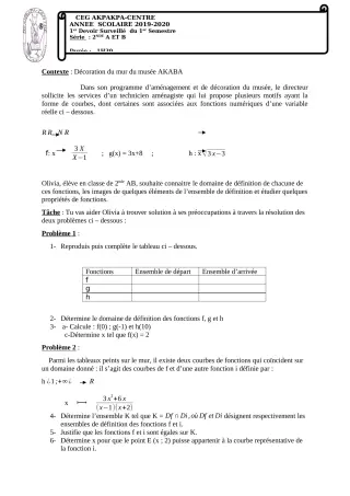 Première page de Mathématiques 2nde A1, 2nde A2, 2nde B — 1er devoir surveillé, 1er semestre (2019-2020) · CEG 1 Akpakpa-Centre