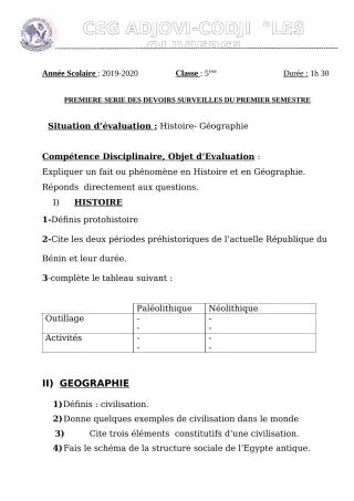 Première page de Histoire-Géographie 5e — 1er devoir surveillé, 1er semestre (2019-2020) · CEG ADJOVICODJI 'LES OLIVIERS'