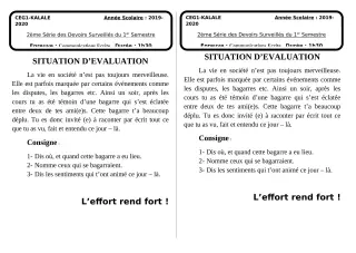 Première page de Français 6e, 4e, 4e ML, 3e, 3e ML, 1ère A2 — 2e devoir surveillé, 1er semestre (2019-2020) · CEG1 Kalalé