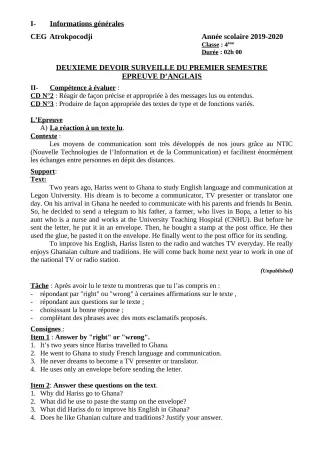Première page de Anglais 4e, 4e ML — 2e devoir surveillé, 1er semestre (2019-2020) · CEG ATROKPOCODJI