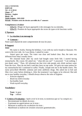Première page de Anglais 4e — 1er devoir surveillé, 1er semestre (2019-2020) · CEG L'Entente