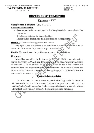 Première page de SVT 4e, 4e ML — Devoir surveillé, 3e trimestre (2019-2020) · CEPG La Prunelle de Dieu