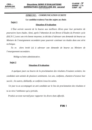 Première page de Français 3e, 3e ML — Évaluation sommative, 2e semestre (2018-2019) · CEG 3 SAVALOU