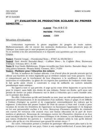 Première page de Français 6e, 3e, 3e ML, Tle A2, Tle B, Tle C, Tle D — 1re production scolaire, 1er semestre (2020-2021) · CEG SEHOUE