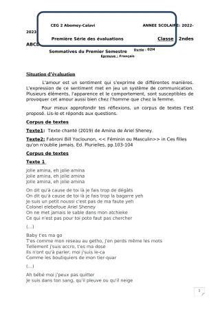 Première page de Français 2nde A — 1re évaluation sommative, 1er semestre (2022-2023) · CEG2 ABOMEY - CALAVI (CEG ZOCA)