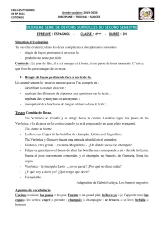 Première page de Espagnol 4e ML, 3e ML, 2nde A & B, 2nde A1, 2nde A2, 2nde B, 1ère A1, 1ère A2, 1ère B, Tle A1, Tle A2, Tle B — 2e devoir surveillé, 2e semestre (2019-2020) · CEG Les Pylônes