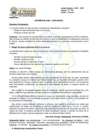 Première page de Examen Blanc de ESPAGNOL — 3e ML — CPEG LE PHARAON (2019)