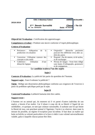 Première page de Philosophie Tle C, Tle D — 2e devoir surveillé, 1er semestre (2018-2019) · CEG2 ABOMEY - CALAVI (CEG ZOCA)