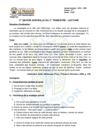 Première page de Français 5e — 1er devoir surveillé, 1er trimestre (2019-2020) · CPEG LE PHARAON