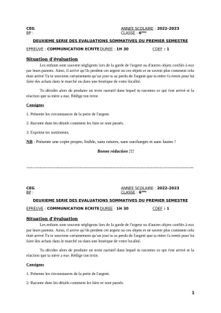 Première page de Français 6e, 5e — 2e évaluation sommative, 1er semestre (2022-2023) · CEG Sèdjè-Houègoudo