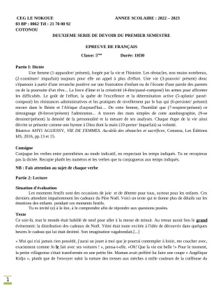 Première page de Français 5e — 2e devoir surveillé, 1er semestre (2022-2023) · CEG LE NOKOUE