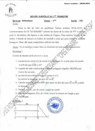 Première page de Mathématiques 4e — 1er devoir surveillé, 1er trimestre (2020-2021) · CPEG ROSAIRE