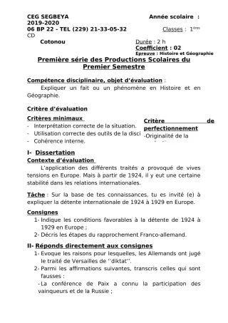 Première page de Histoire-Géographie 1ère C, 1ère D — 1re production scolaire, 1er semestre (2019-2020) · CEG SEGBEYA