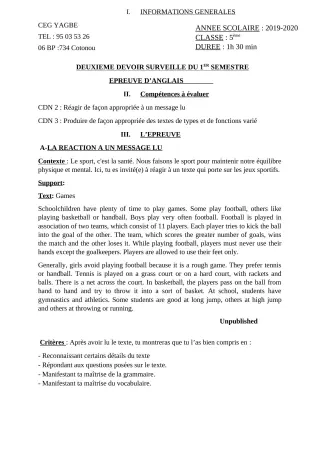 Première page de Anglais 5e — 2e devoir surveillé, 1er semestre (2019-2020) · CEG Yagbe
