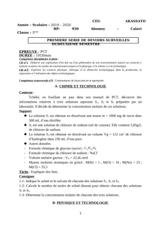 Première page de PCT 5e — 1er devoir surveillé, 2e semestre (2019-2020) · CEG Akassato