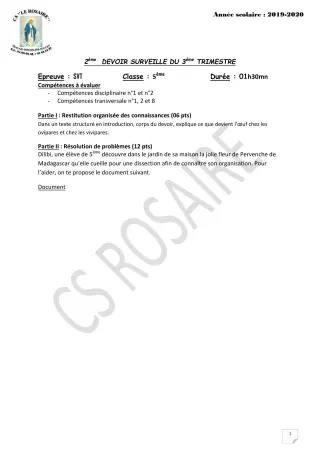 Première page de SVT 5e — 2e devoir surveillé, 3e trimestre (2019-2020) · CPEG ROSAIRE