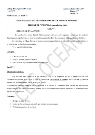 Première page de Français 3e, 3e ML — 1er devoir surveillé, 1er semestre (2017-2018) · CEG l'Océan