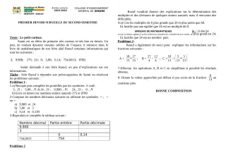 Première page de Mathématiques 6e — 1er devoir surveillé, 2e semestre (2023-2024) · CEG SEKERE