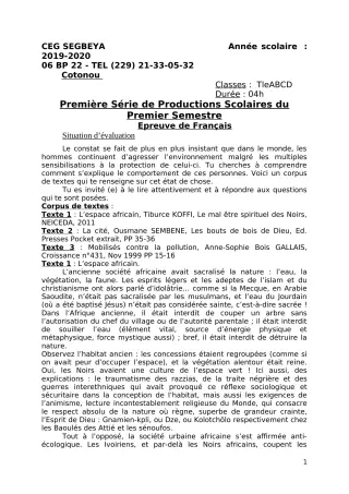 Première page de Français Tle A1, Tle A2, Tle B, Tle C, Tle D — 1re production scolaire, 1er semestre (2019-2020) · CEG SEGBEYA