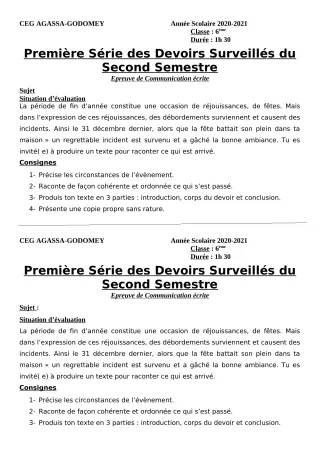 Première page de Français 6e, 5e, 4e ML&MC, 3e, 3e ML — 1er devoir surveillé, 2e semestre (2020-2021) · CEG Agassa Godomey