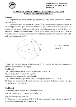 Première page de Mathématiques 6e, 4e, 4e ML, 4e ML&MC, 3e, 3e ML — 2e production scolaire, 1er semestre (2019-2020) · CEG II EKPE