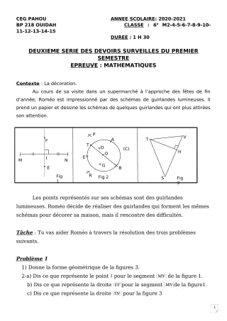 Première page de Mathématiques 6e — 2e devoir surveillé, 1er semestre (2020-2021) · CEG PAHOU