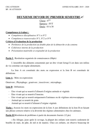 Première page de SVT 6e — 2e devoir surveillé, 1er semestre (2019-2020) · CEG Attogon