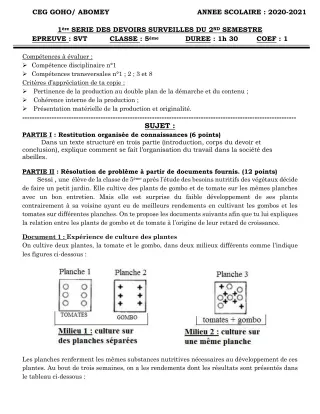 Première page de SVT 5e — 1er devoir surveillé, 2e semestre (2020-2021) · CEG GOHO