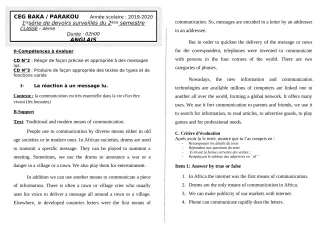 Première page de Anglais 4e — 1er devoir surveillé, 2e semestre (2019-2020) · CEG BAKA