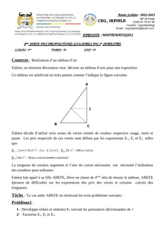 Première page de Mathématiques 4e — 2e production scolaire, 1er semestre (2022-2023) · CEG1 Ikpinlè