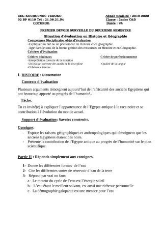 Première page de Histoire-Géographie 2nde C, 2nde D — 1er devoir surveillé, 2e semestre (2019-2020) · CEG Kouhounou-Vêdoko