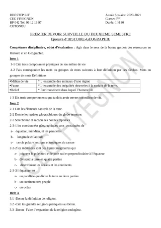 Première page de Histoire-Géographie 6e — 1er devoir surveillé, 2e semestre (2020-2021) · CEG FIYEGNON